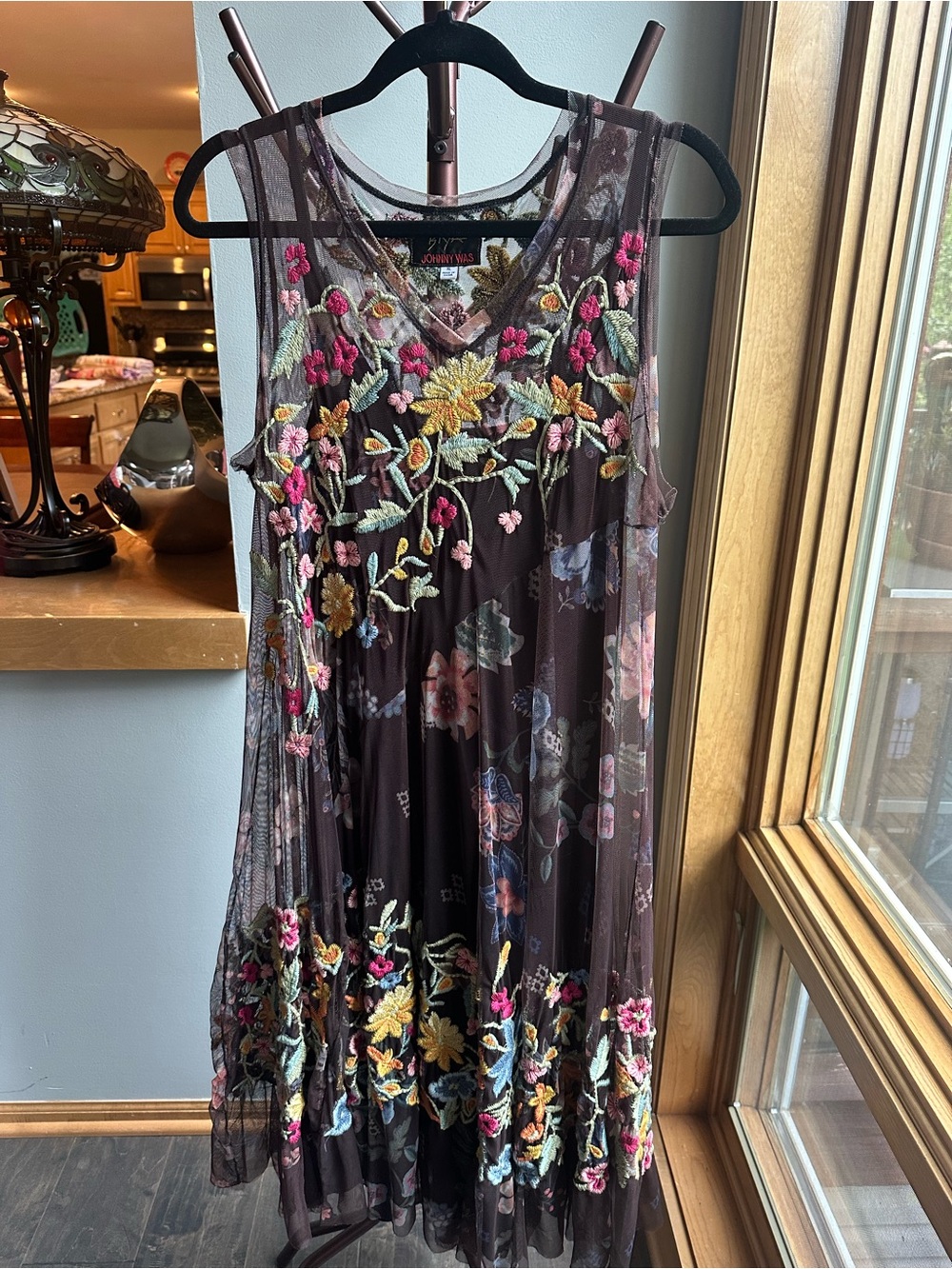 Johnny Was Black Mesh Midi Dress with Multicolor Floral Embroidery